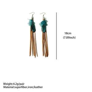 Detailed view of 18cm bohemian tassel earrings with brown microfiber and teal feathers