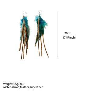 Detail of 20cm long Bohemian feather earrings with blue plumage and leather straps
