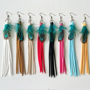 Bohemian Long Tassel Feather Earrings For Women Vintage Ethnic Western Tribal Style Leather Fringe Drop Earrings Vacation Jewelry Gift