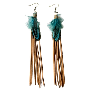 Bohemian ethnic long tassel earrings with peacock blue feathers and brown leather fringes