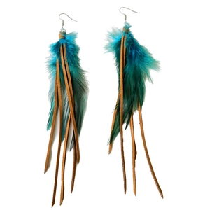 Bohemian long feather earrings with peacock blue feathers and brown leather tassels