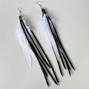 Bohemian long tassel earrings with white natural feathers and black leather cords