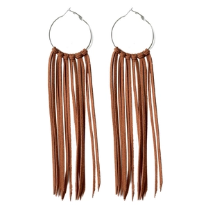 Western style brown suede fringe hoop earrings with silver circles for a bohemian look