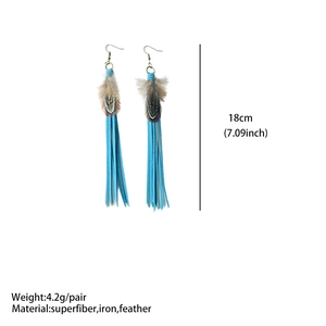 Detail view of bohemian long blue tassel feather earrings with size measurements