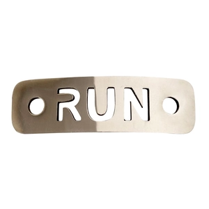 Silver metal lace charm for sneakers with hollowed RUN letter design on white background