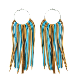 Bohemian western hoop earrings with long brown and turquoise faux suede leather fringe