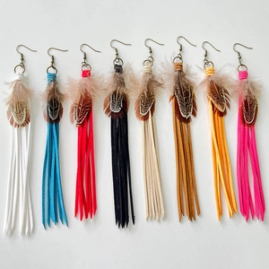 Bohemian Feather Tassel Drop Earrings For Women Vintage Ethnic Style Long Suede Fringe Earrings Native American Jewelry