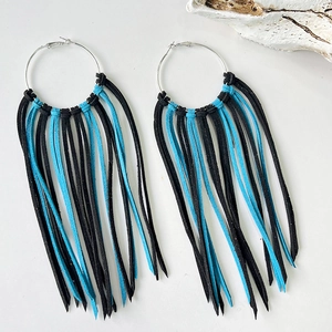 Bohemian style western cowboy large hoop earrings with black and lake blue leather tassels