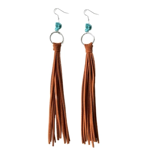 Western turquoise hoop earrings with long brown suede tassels in bohemian ethnic style