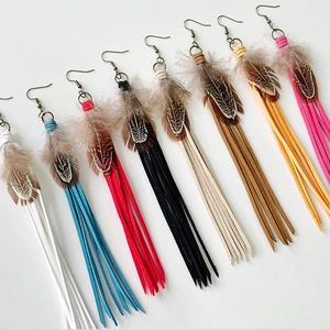 Bohemian feather tassel earrings set in eight vibrant colors with retro bronze hooks