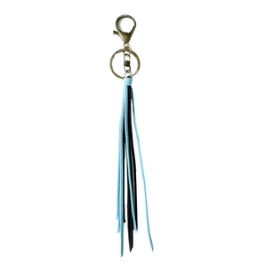 Vintage ethnic style keychain with light blue and black long tassels and bronze hardware