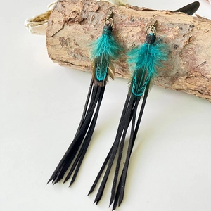 Bohemian ethnic long feather tassel earrings with blue peacock feathers and bronze hooks