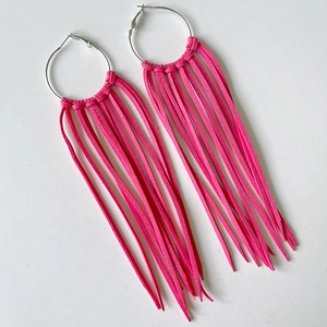 Bohemian style bright rose red suede tassel large hoop earrings with silver hooks