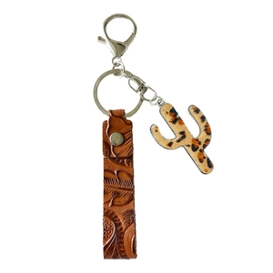 Western style brown leather keychain with cactus leopard print and floral embossing