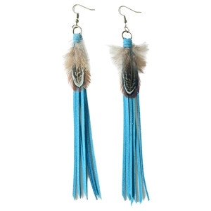 Bohemian tassel earrings with bronze hooks, brown feathers and teal suede fringe