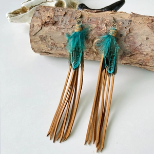 Detail of bohemian long tassel earrings with peacock feathers and copper hooks on wood