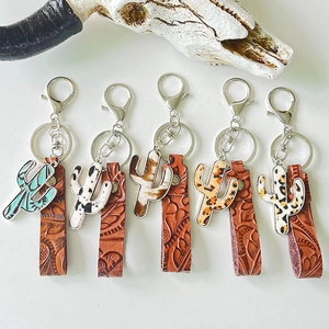 Western Genuine Leather Cactus Keychain Vintage Cowboy Embossed Strap Bohemian Animal Print Charm Bag Pendant Jewelry