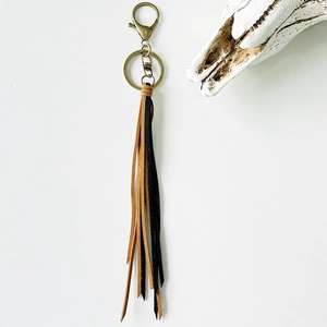 Western vintage long tassel keychain with brown and black leather fringe and lobster clasp