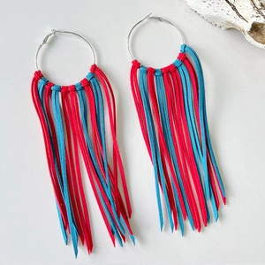 Bohemian style western hoop earrings with bold red and blue long leather fringe tassels