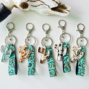 Western Bohemian Genuine Leather Cactus Keychain Set Ethnic Embossed Turquoise Floral Leather Strap Metal Key Ring For Women Bag