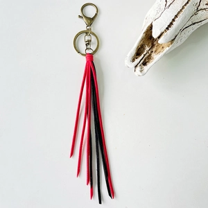 Bohemian long tassel keychain with bronze lobster clasp in red and black bi-color