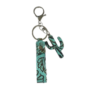 Western style turquoise leather cactus keychain with vintage floral embossing and silver ring