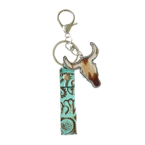 Western style leather keychain with turquoise floral pattern and cow head charm
