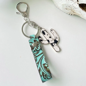 Western style cow print cactus pendant with blue embossed leather wristband keychain