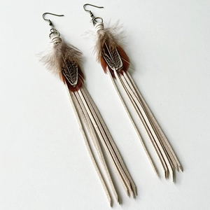 Detail of bohemian tassel earrings with natural feathers and long cream suede fringes