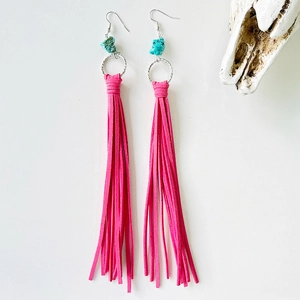 Detail of bohemian western earrings with pink suede tassels and blue turquoise stones
