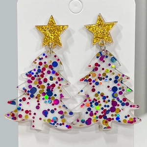 Pendientes de árbol de Navidad con lentejuelas coloridas y estrellas doradas brillantes