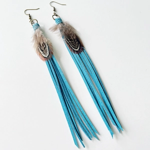 Detail of peacock blue fringe earrings with natural brown feathers and bronze hooks