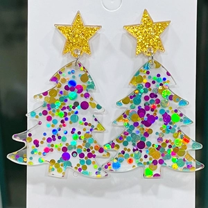 Pendientes Colgantes de Árbol de Navidad Acrílico Lentejuelas Coloridas Estrella Láser Joyería de Fiesta Navideña Mujer Regalo