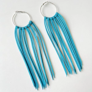 Bohemian large silver hoop earrings with long turquoise blue faux suede fringe tassels