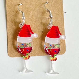 Pendientes de copa de vino navideña en acrílico con gorro de Papá Noel y luces