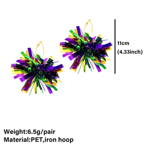 Detail view of colorful PET foil firework earrings with dimensions and weight stats