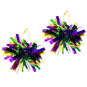 Sparkly carnival hoop earrings with colorful tinsel in purple, green, and yellow