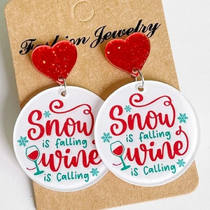 Pendientes navideños de acrílico con corazones rojos brillantes y frase Wine is Calling