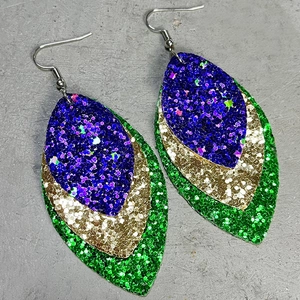 Three-layer glitter leaf drop earrings in purple, champagne gold, and green sequins