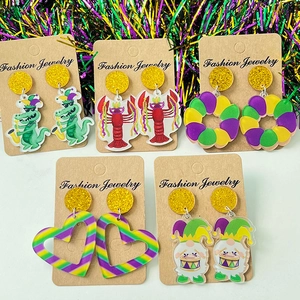 Mardi Gras Acryl Hangoorbellen Voor Dames Glitter Goud Rond Festival Sieraden Paars Groen Geel Carnaval Oorsieraden