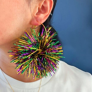 Sparkly purple green and gold pom-pom sphere earrings for Mardi Gras festive parties