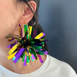 Dramatic oversized metallic sphere earrings in purple, green and gold for party fashion