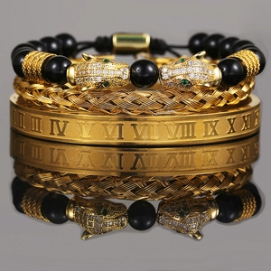 Dreiteiliges Herren-Armband-Set mit goldenem Leopardenkopf, Perlen und römischem Armreif