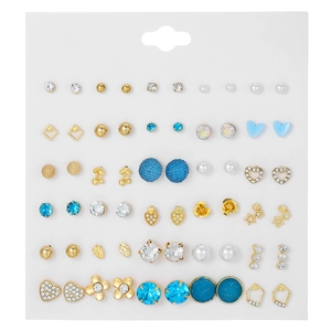 Detail view of 30 pairs stud earrings set featuring pearls, crystals and geometric designs