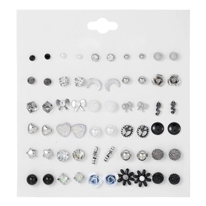 Set of 36 pairs of assorted geometric metal earrings with pearls and rhinestones