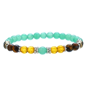 Detail eines 8mm Naturstein-Armbands mit Tigerauge, Aventurin und Metallperlen