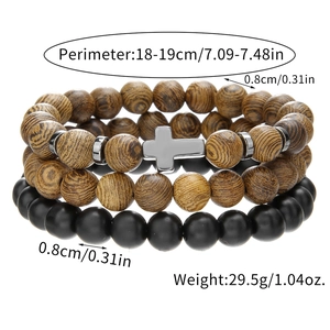 Three-piece hematite and wood bead bracelet set with a silver cross charm and 8mm beads