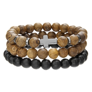 Three-piece men's stretch bracelet set with wooden beads, matte black stones, and silver cross