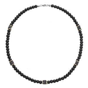 Men's minimalist beaded necklace with black lava stone squares and gold metal ring accents