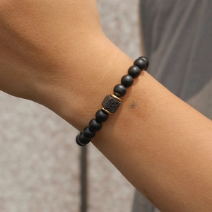 Men's matte black obsidian beaded bracelet with square lava stone and gold-tone spacers